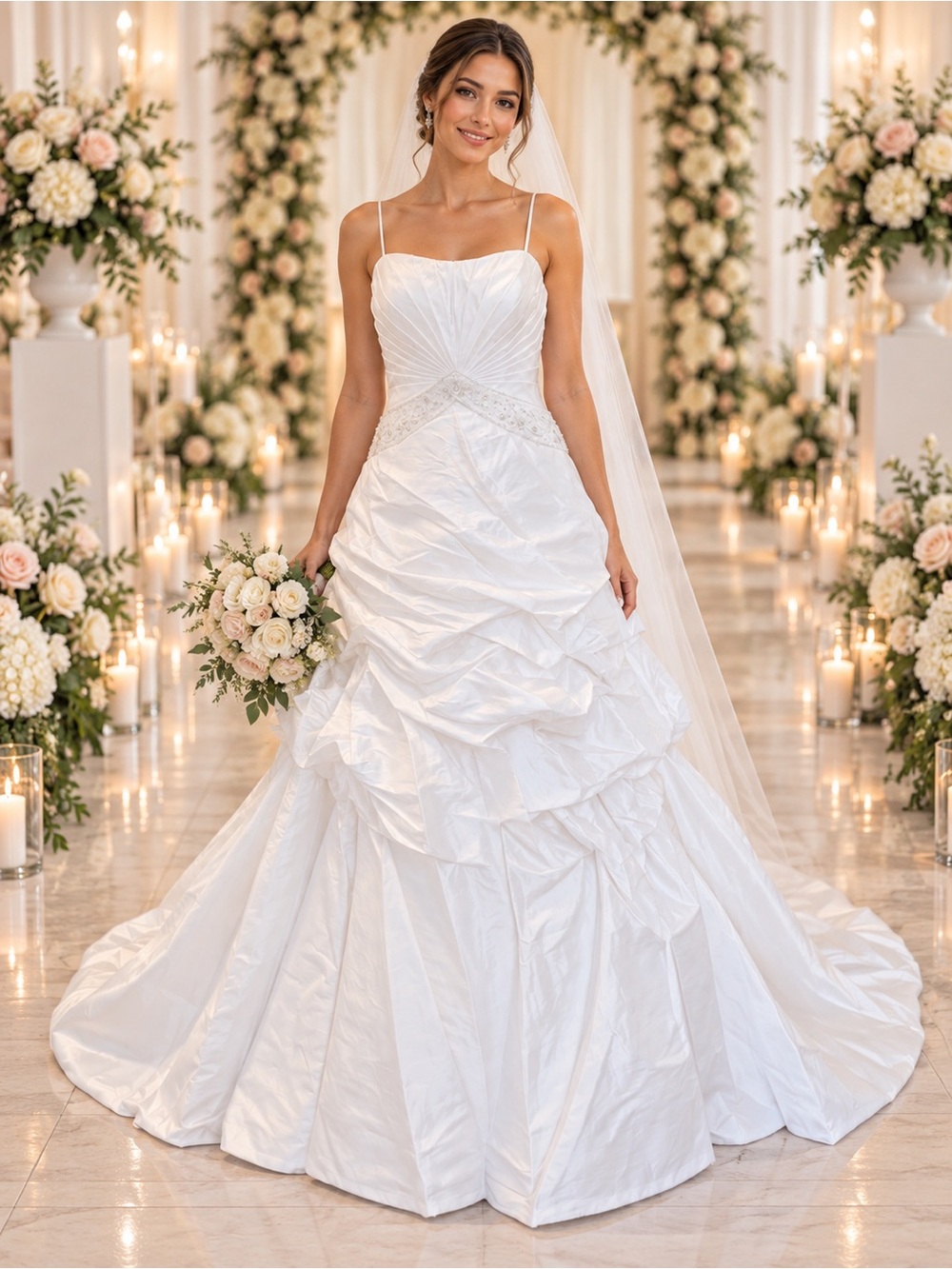 NWT Size 14 White Wedding Dress Beaded Waist Optional Straps Bridal Gown